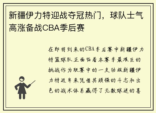 新疆伊力特迎战夺冠热门，球队士气高涨备战CBA季后赛