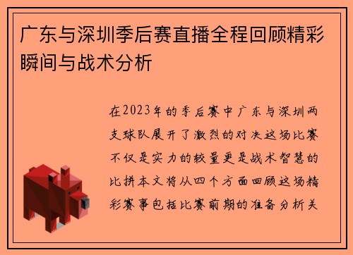广东与深圳季后赛直播全程回顾精彩瞬间与战术分析